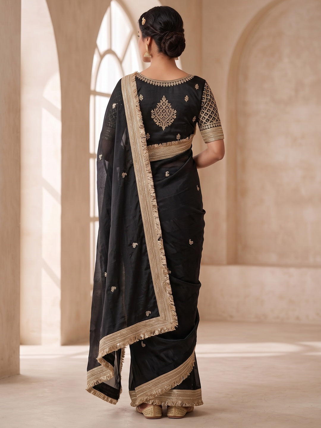 Peachmode Black Embroidered Fandy Satin Saree - Image 5