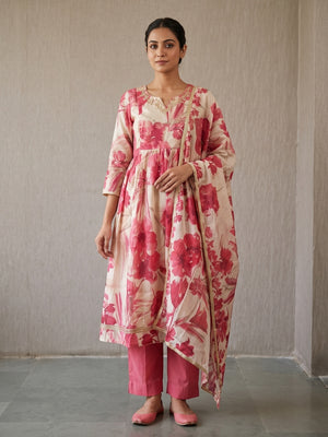 Pink Mul Chanderi Floral Embroidered Salwar Suit Set - Image 1