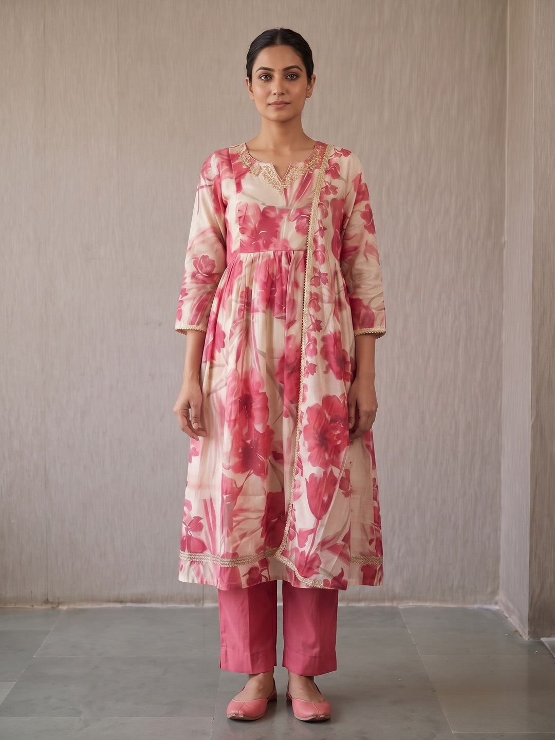 Pink Mul Chanderi Floral Embroidered Salwar Suit Set - Image 4