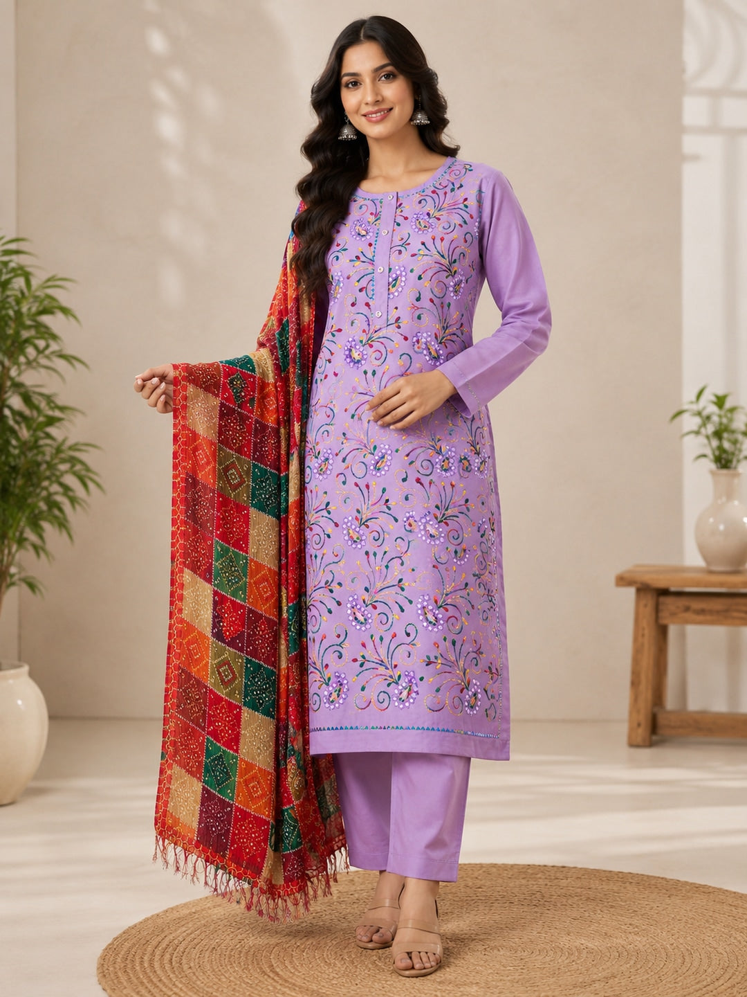 Peachmode Mauve Floral Embroidered Cotton Blend Dress Material - Image 2