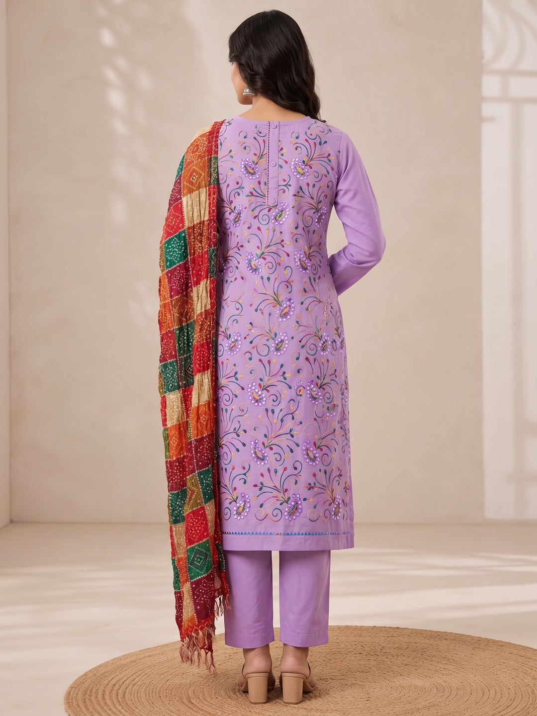 Peachmode Mauve Floral Embroidered Cotton Blend Dress Material - Image 5