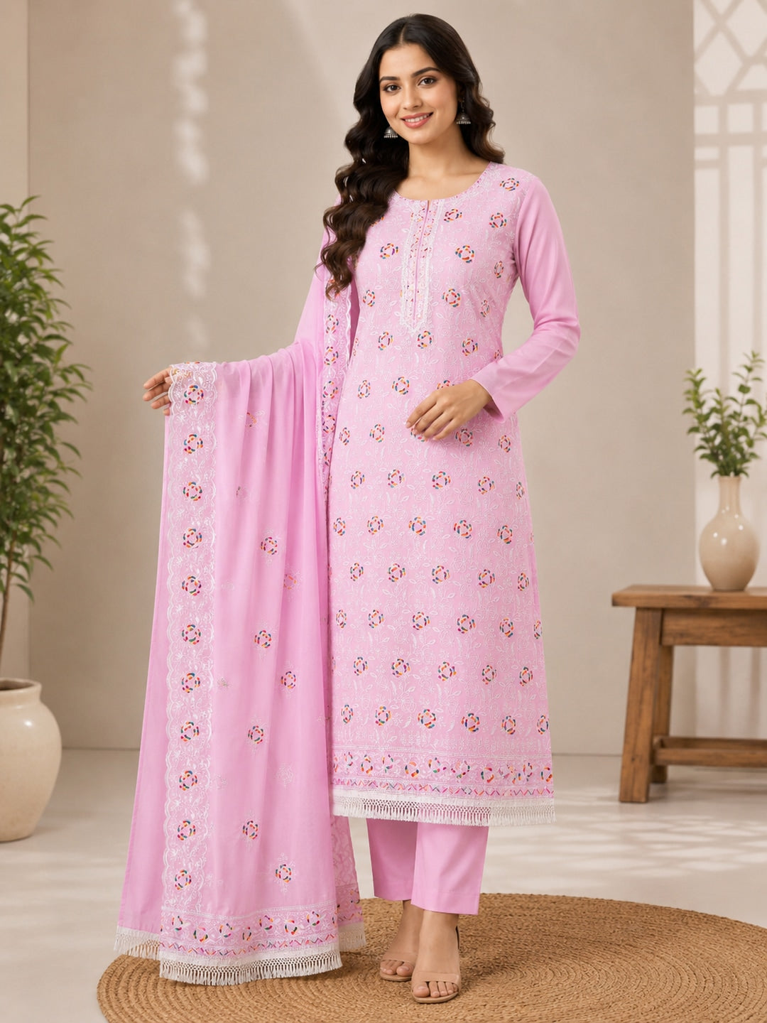 Peachmode Pink Chanderi Thread Work Dress Material - Image 2