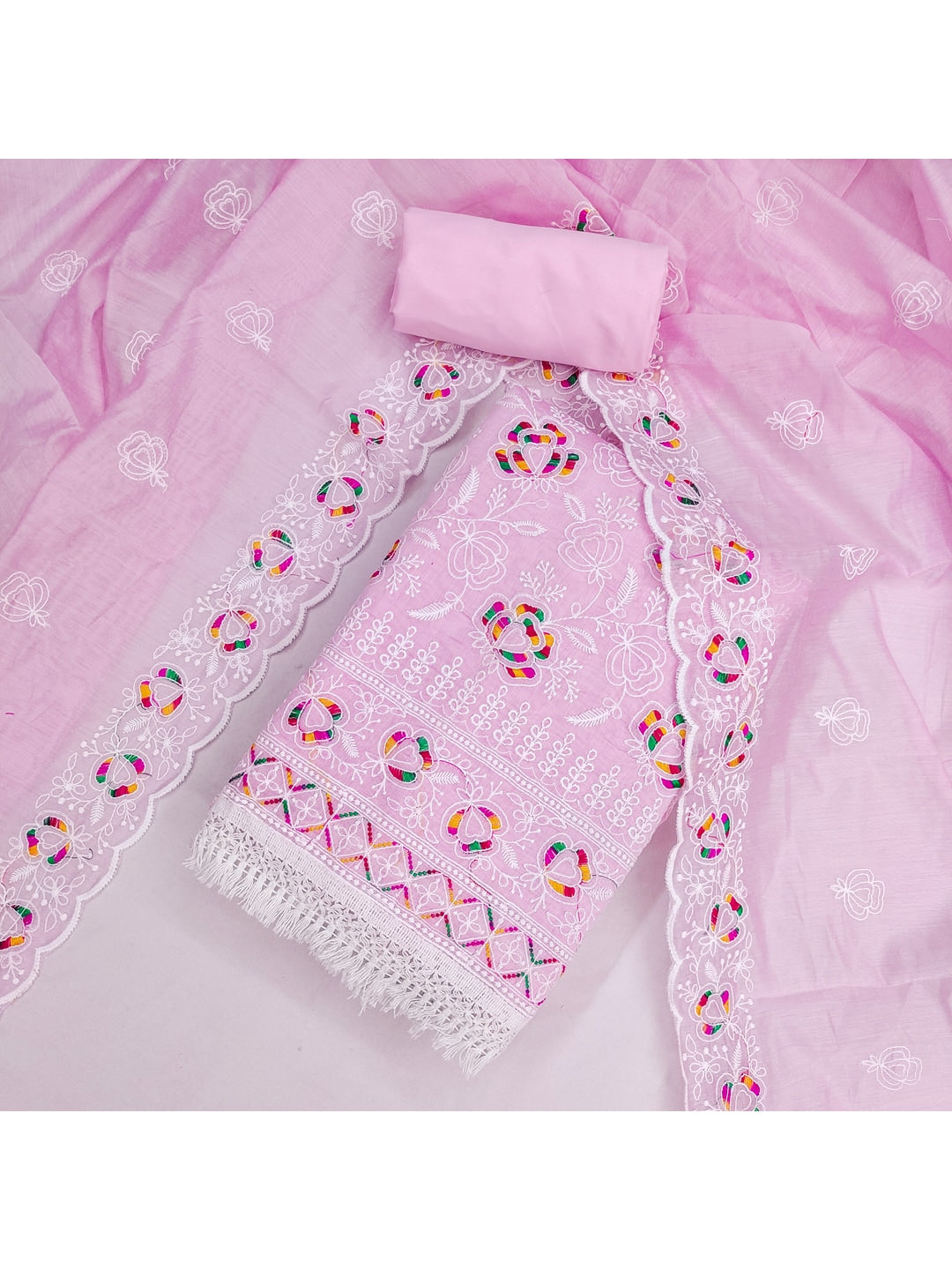 Peachmode Pink Chanderi Thread Work Dress Material - Image 3