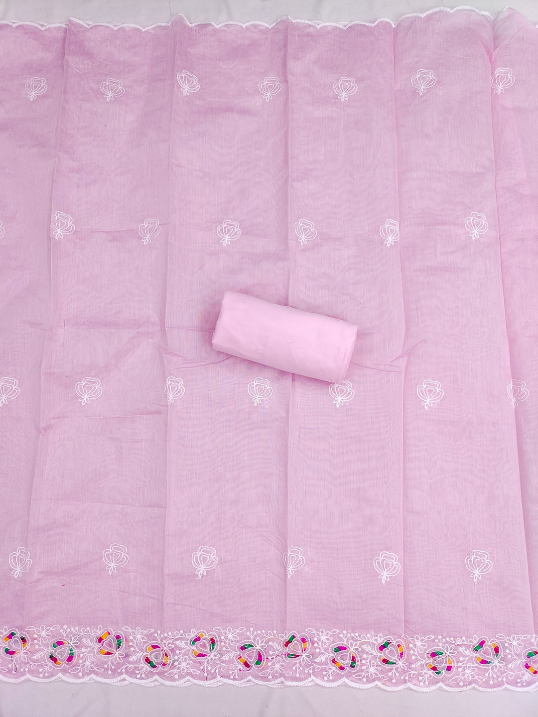 Peachmode Pink Chanderi Thread Work Dress Material - Image 4