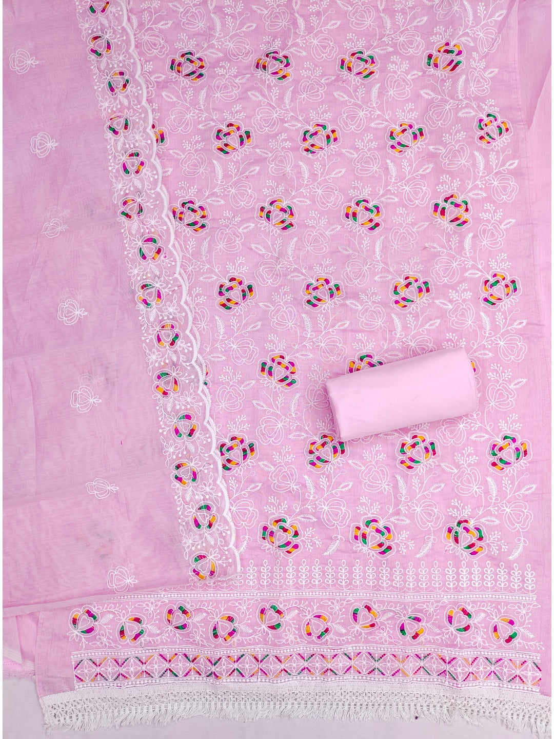 Peachmode Pink Chanderi Thread Work Dress Material - Image 5