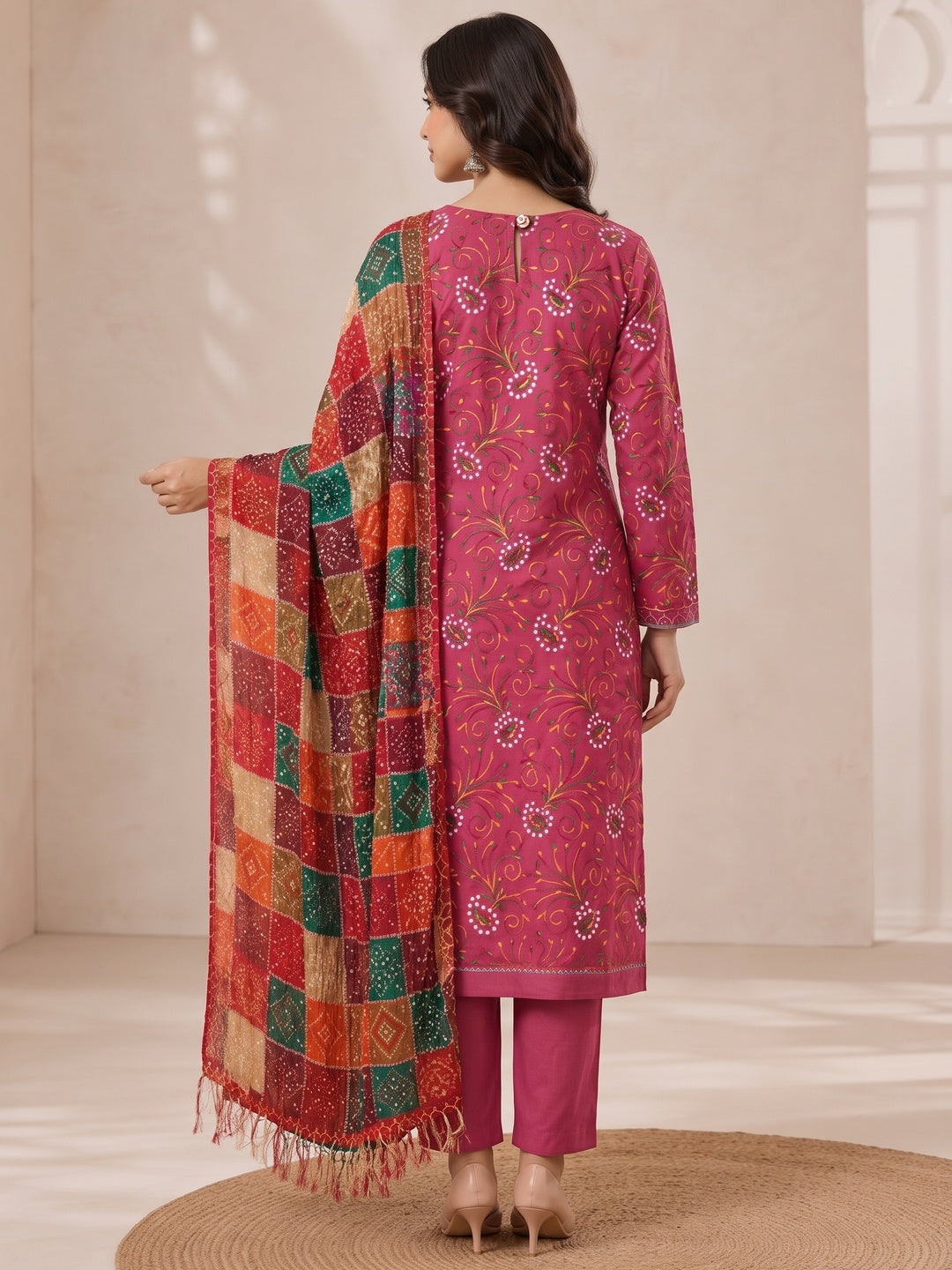 Peachmode Wine Floral Embroidered Cotton Blend Dress Material - Image 5