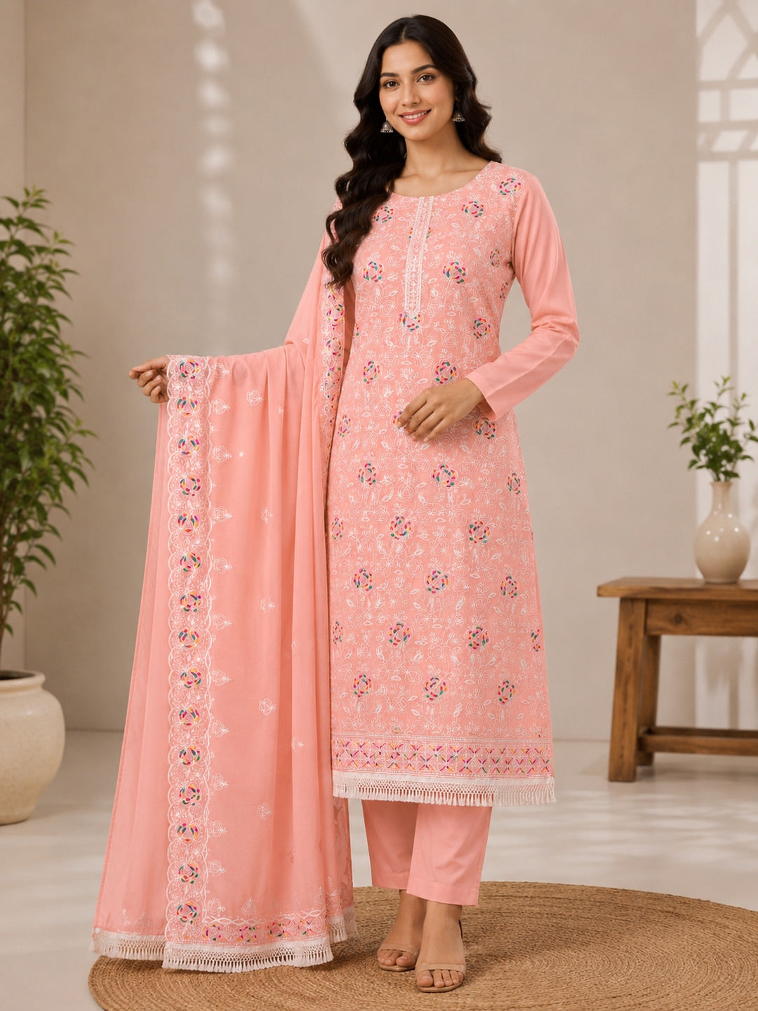 Peachmode Peach Chanderi Thread Work Dress Material - Image 2