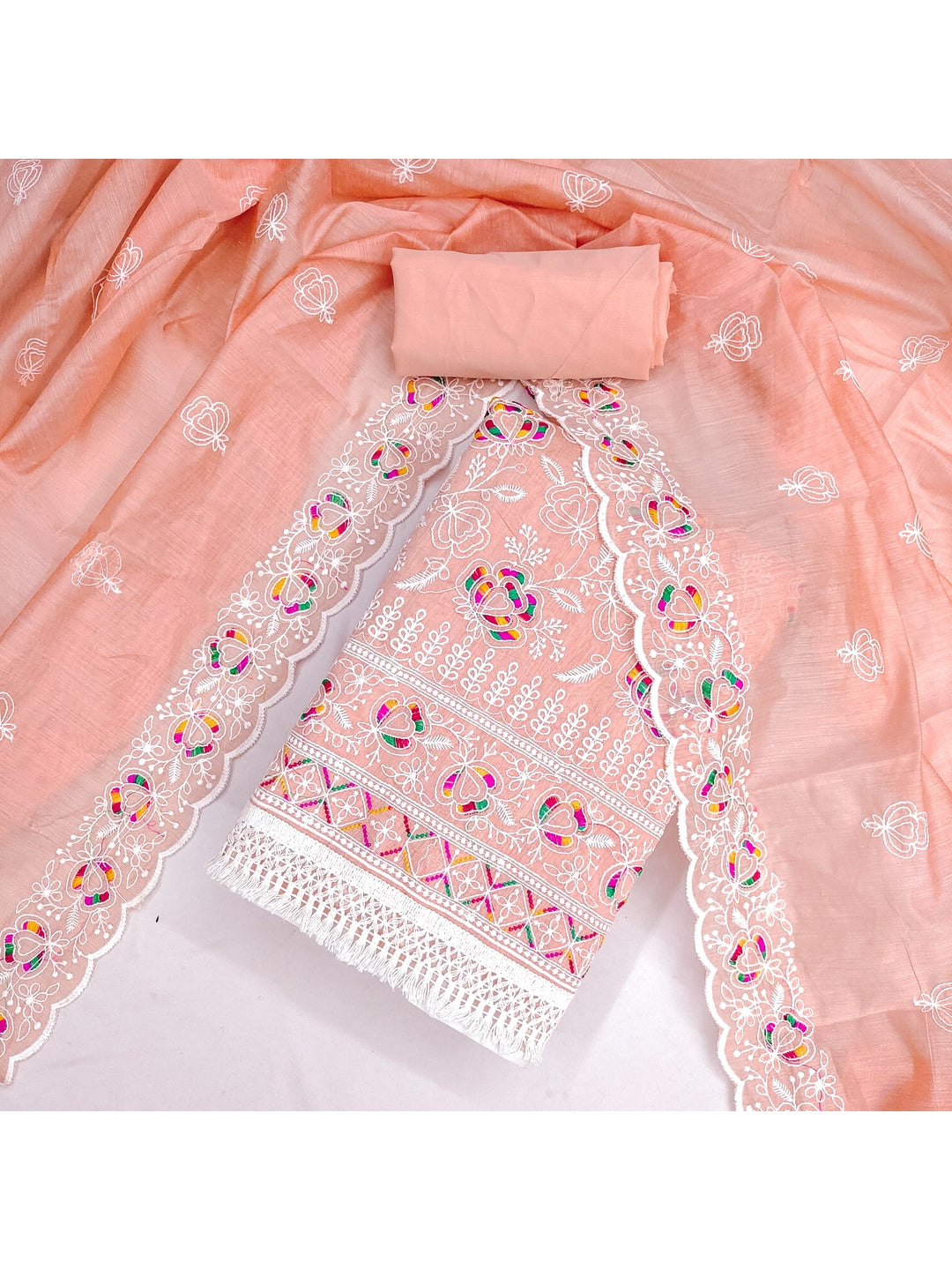 Peachmode Peach Chanderi Thread Work Dress Material - Image 3