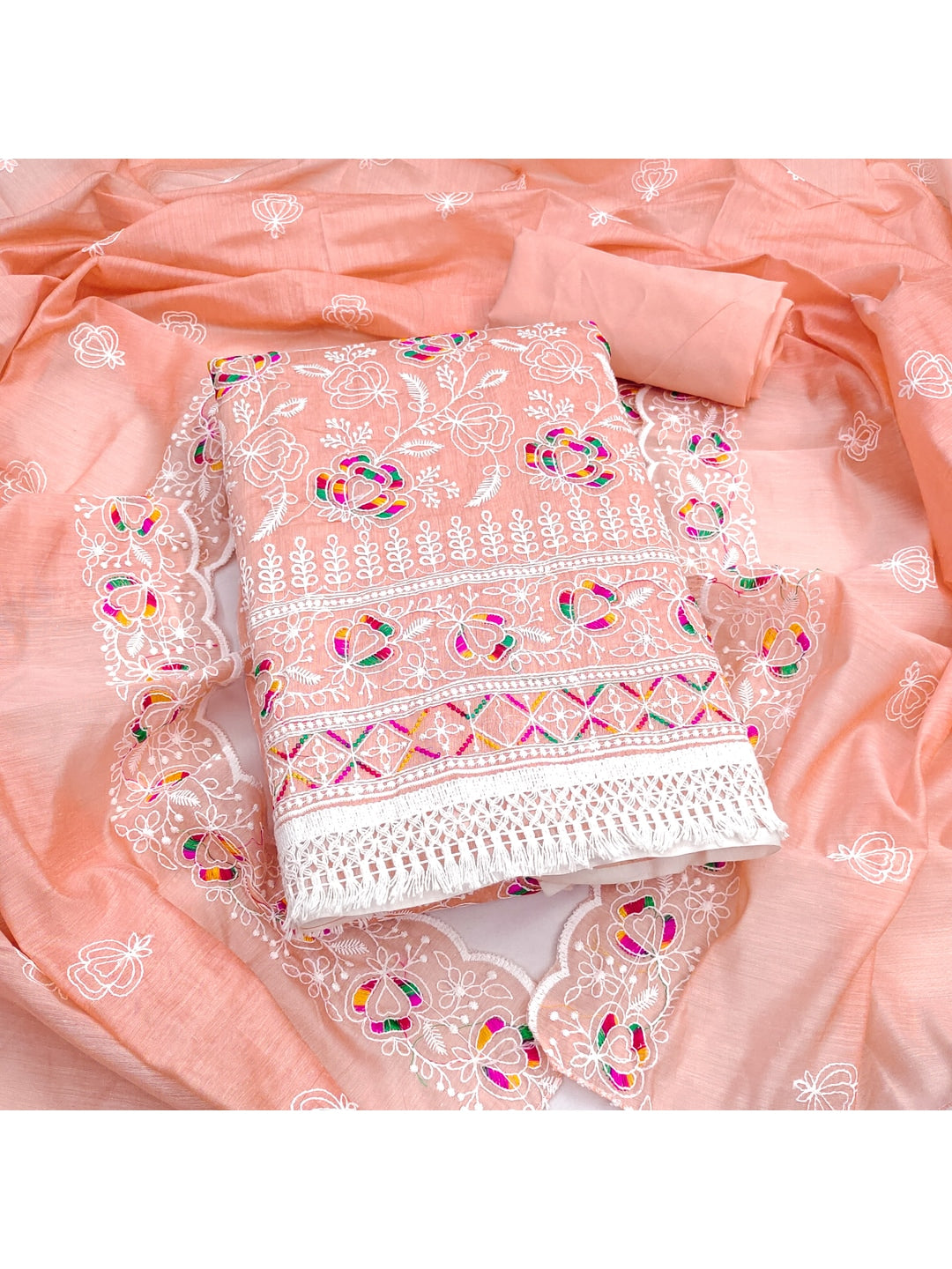 Peachmode Peach Chanderi Thread Work Dress Material - Image 1