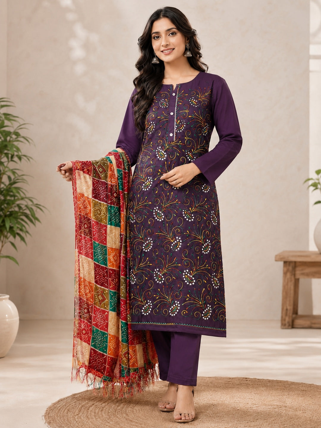 Peachmode Purple Floral Embroidered Cotton Blend Dress Material - Image 2