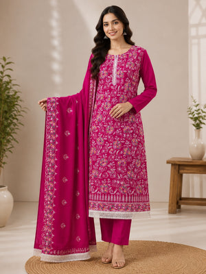 Peachmode Rani Pink Chanderi Thread Work Dress Material - Image 1