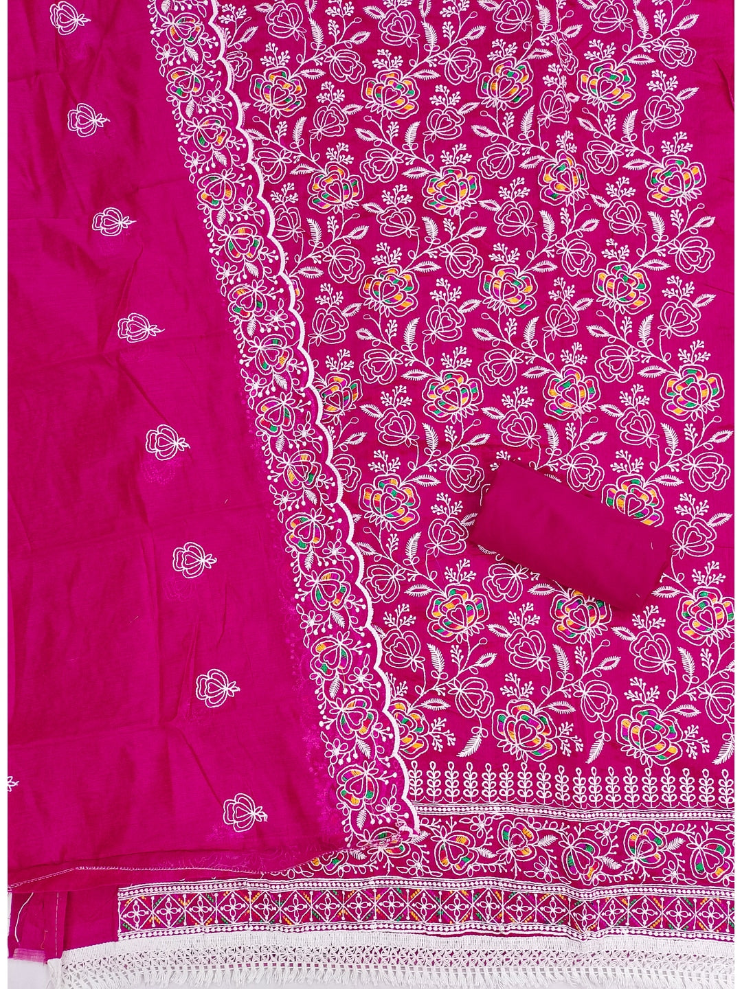 Peachmode Rani Pink Chanderi Thread Work Dress Material - Image 3