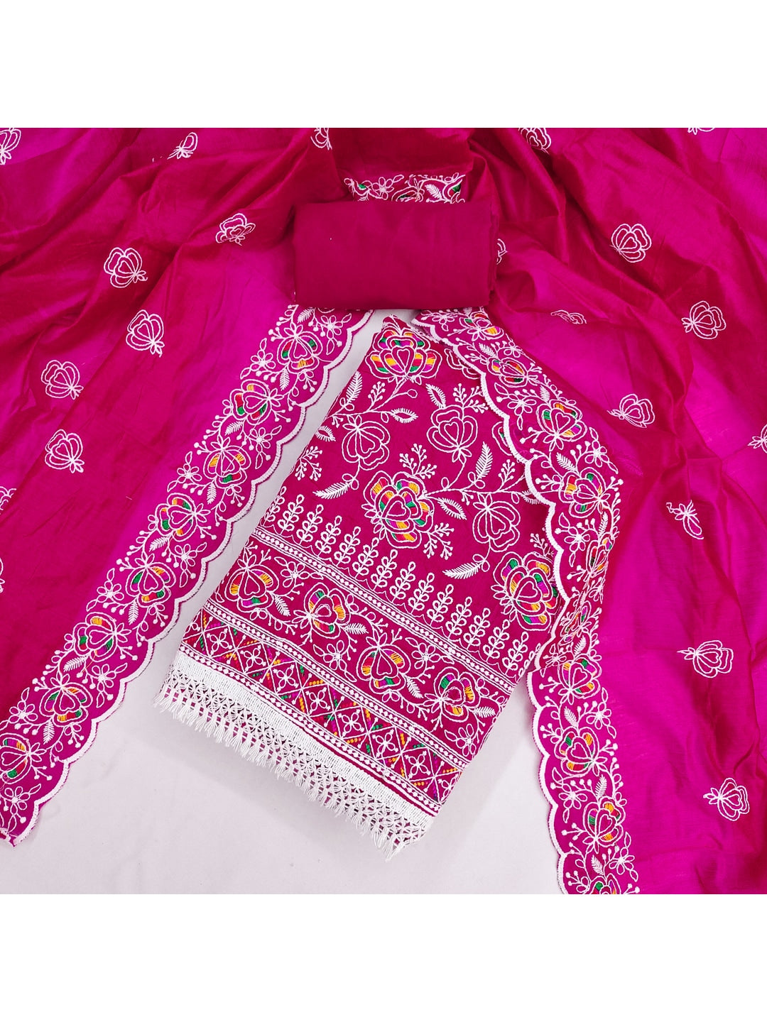 Peachmode Rani Pink Chanderi Thread Work Dress Material - Image 5