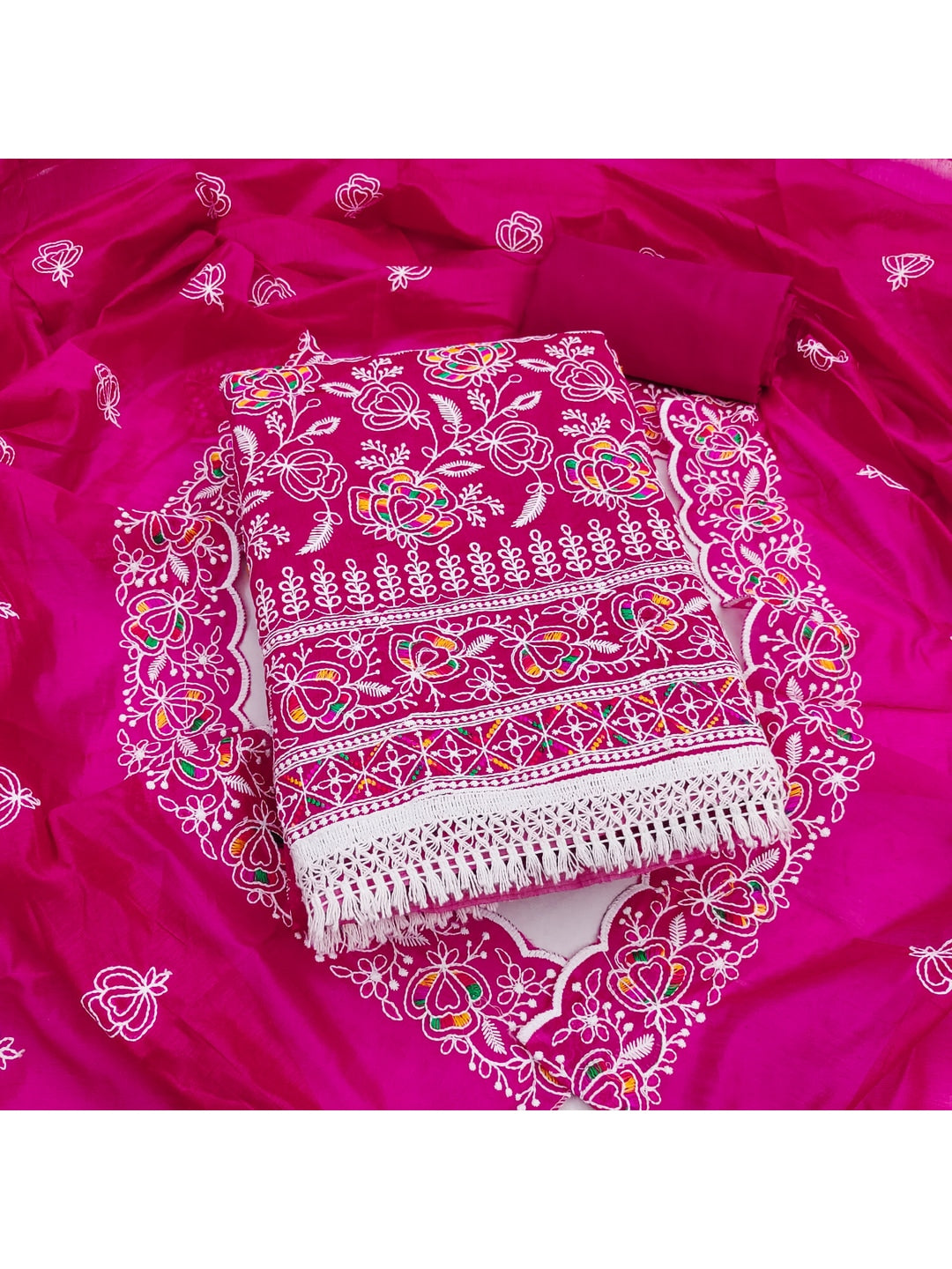 Peachmode Rani Pink Chanderi Thread Work Dress Material - Image 1