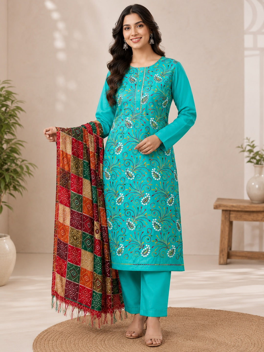 Peachmode Sea Green Floral Embroidered Cotton Blend Dress Material - Image 2