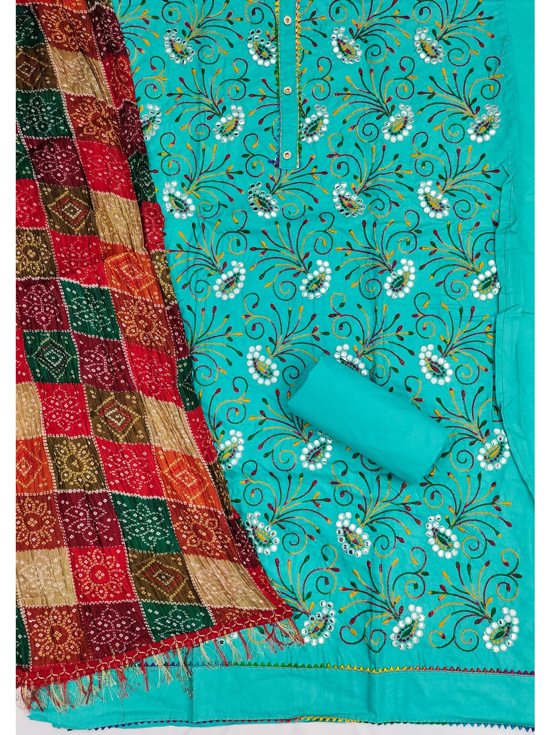 Peachmode Sea Green Floral Embroidered Cotton Blend Dress Material - Image 3