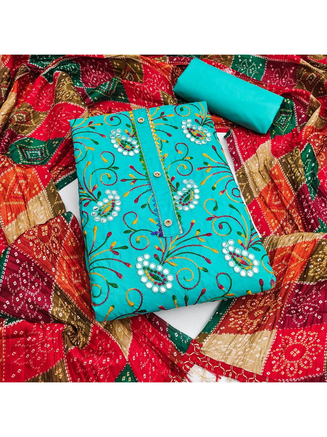 Peachmode Sea Green Floral Embroidered Cotton Blend Dress Material - Image 1