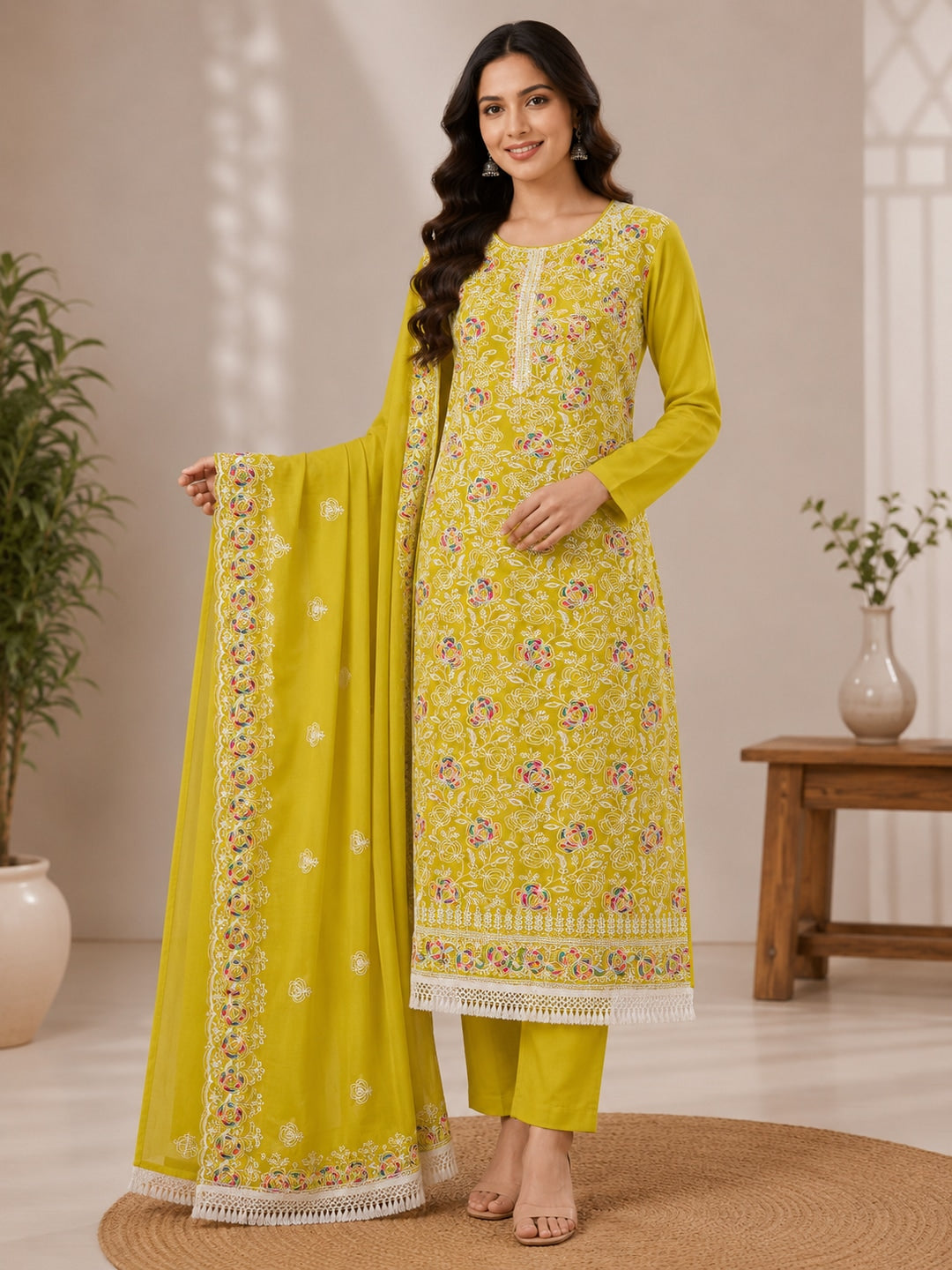 Peachmode Liril Green Chanderi Thread Work Dress Material - Image 2