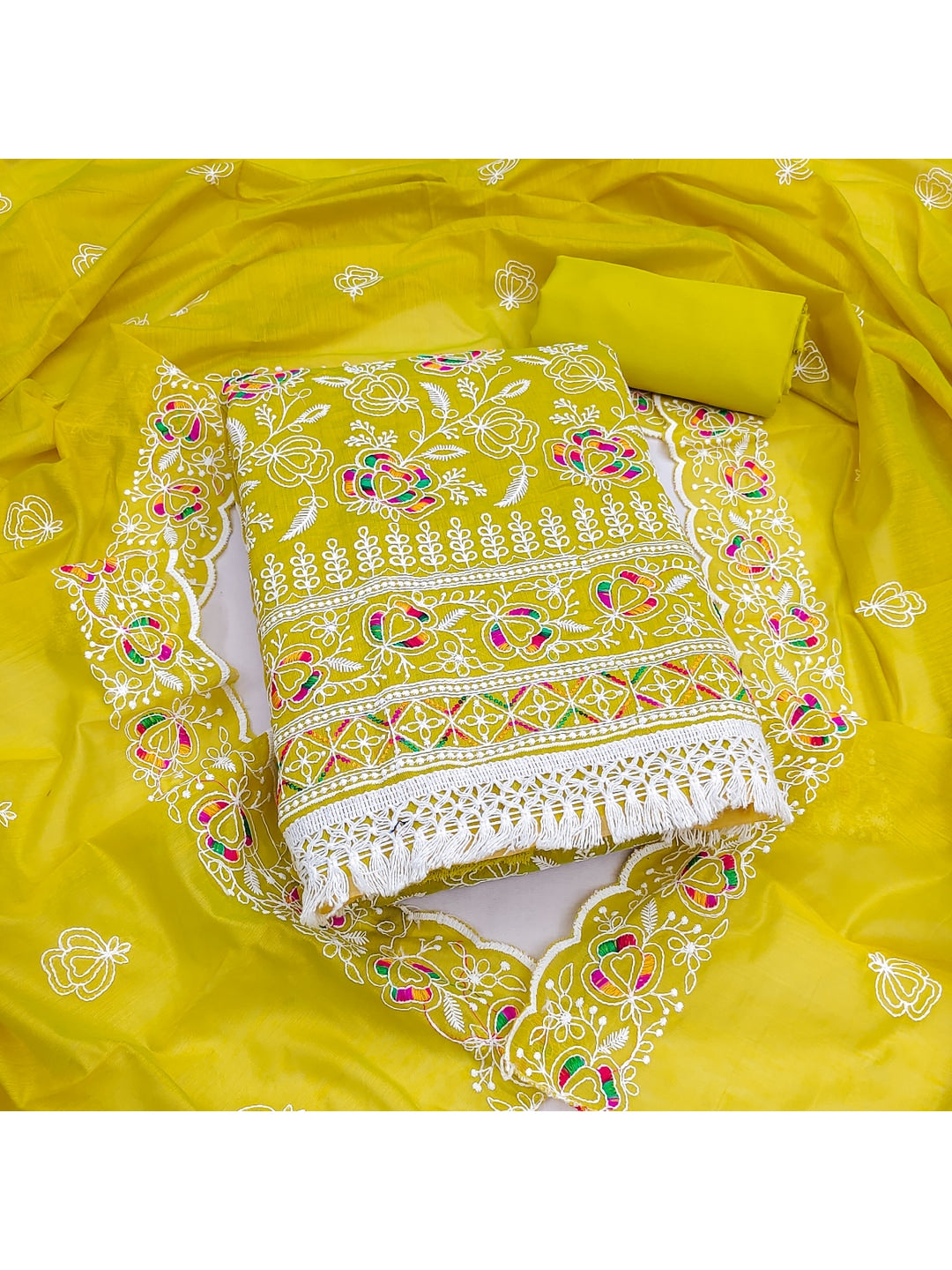 Peachmode Liril Green Chanderi Thread Work Dress Material - Image 1