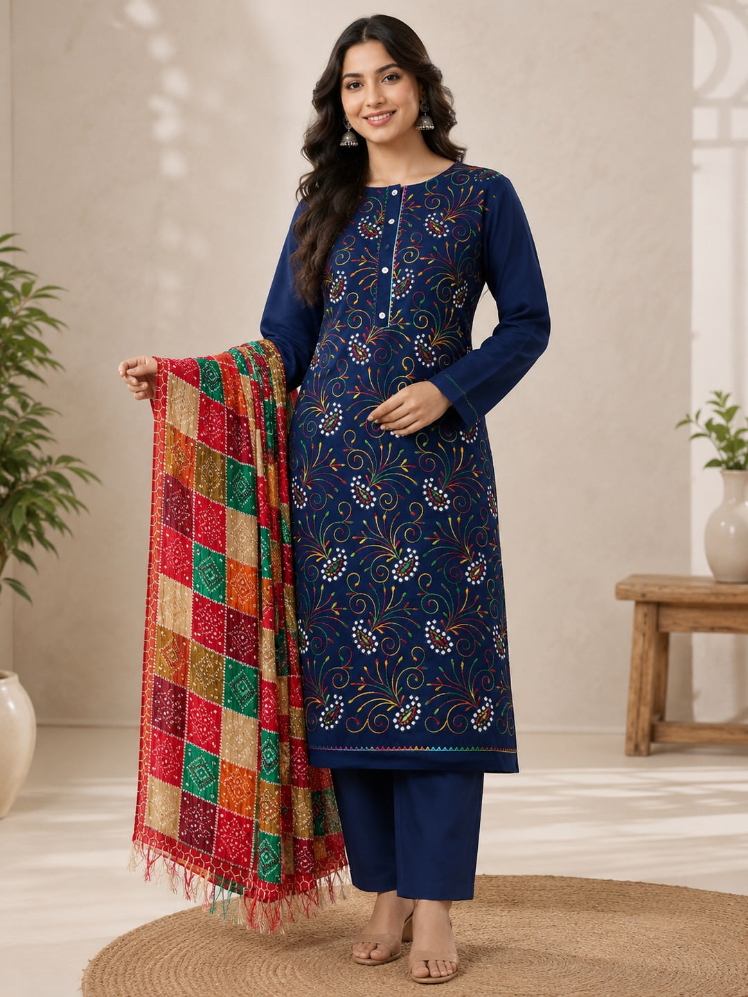 Peachmode Teal Blue Floral Embroidered Cotton Blend Dress Material - Image 2
