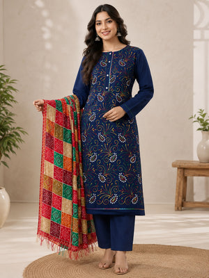 Peachmode Teal Blue Floral Embroidered Cotton Blend Dress Material - Image 1