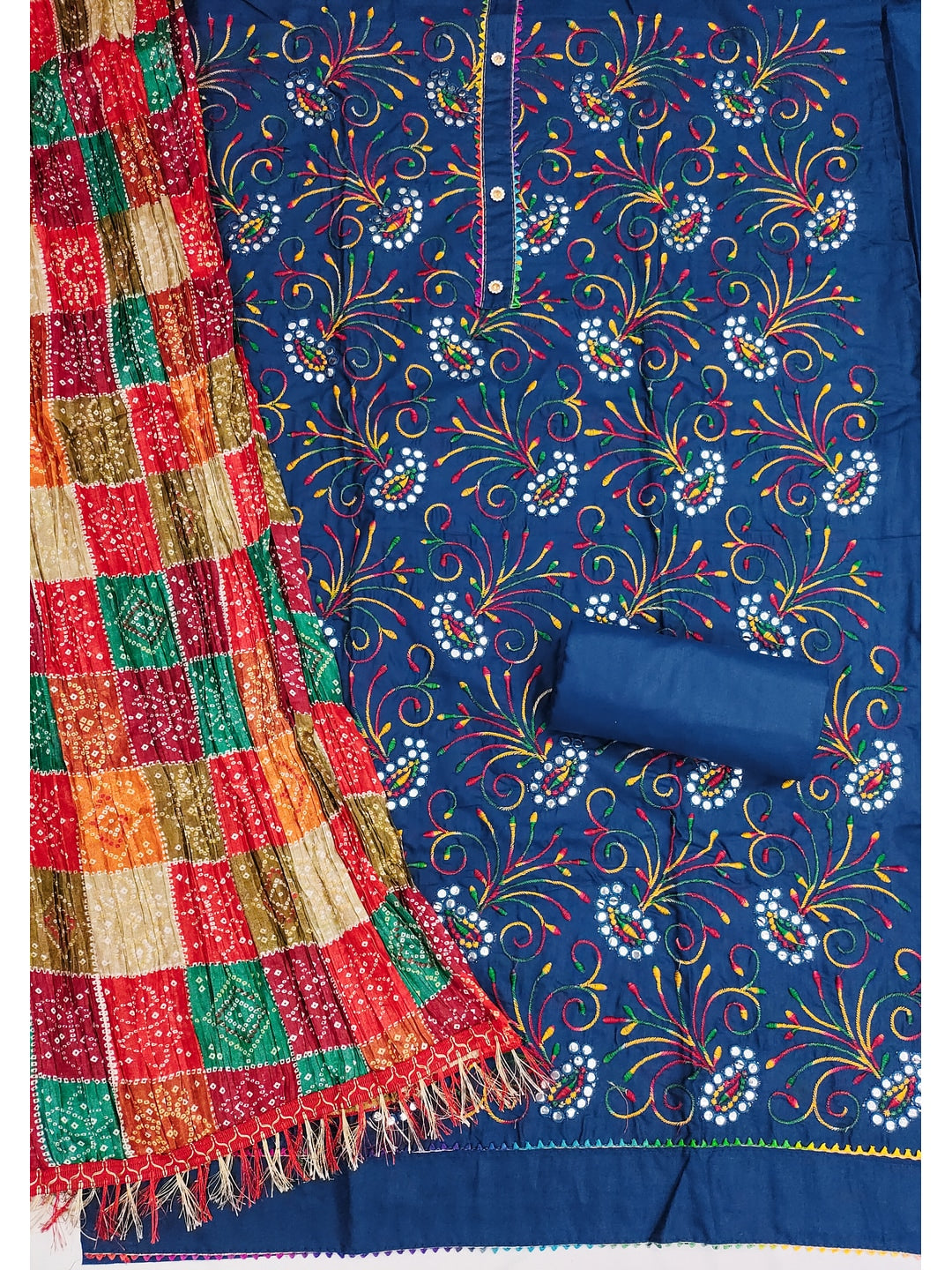 Peachmode Teal Blue Floral Embroidered Cotton Blend Dress Material - Image 3
