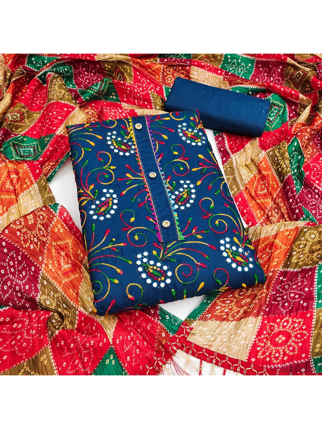 Peachmode Teal Blue Floral Embroidered Cotton Blend Dress Material - Image 1