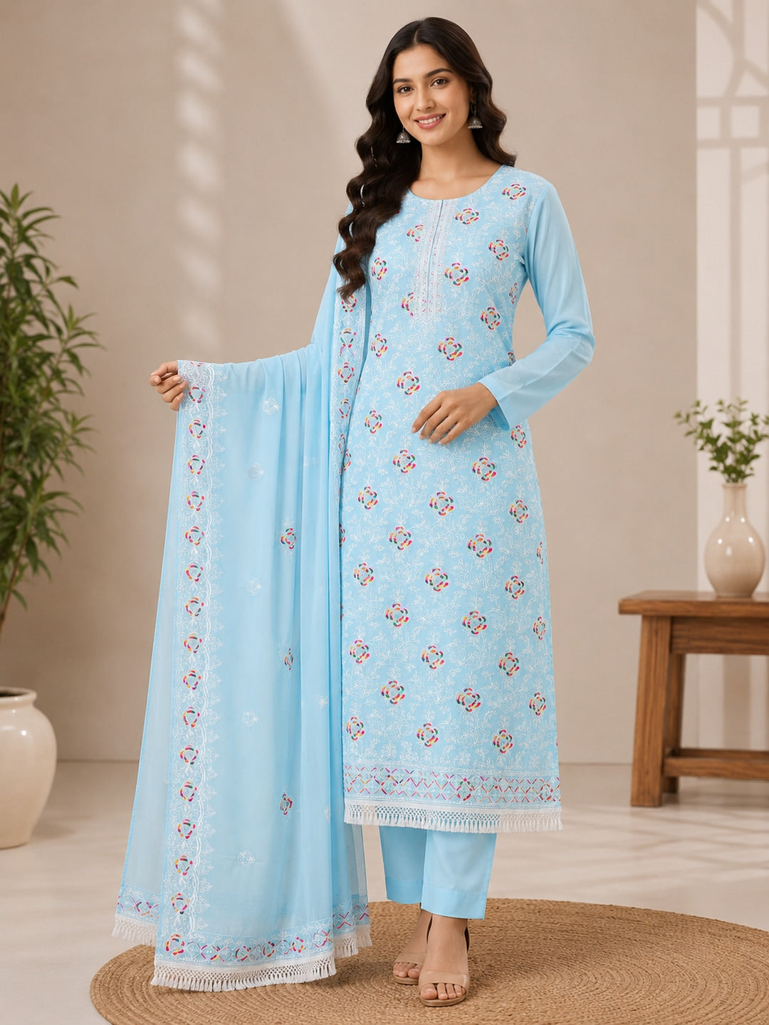 Peachmode Sky Blue Chanderi Thread Work Dress Material - Image 2