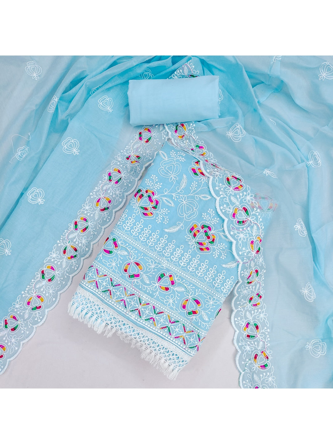 Peachmode Sky Blue Chanderi Thread Work Dress Material - Image 3