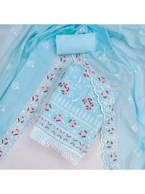 Peachmode Sky Blue Chanderi Thread Work Dress Material - Image 2