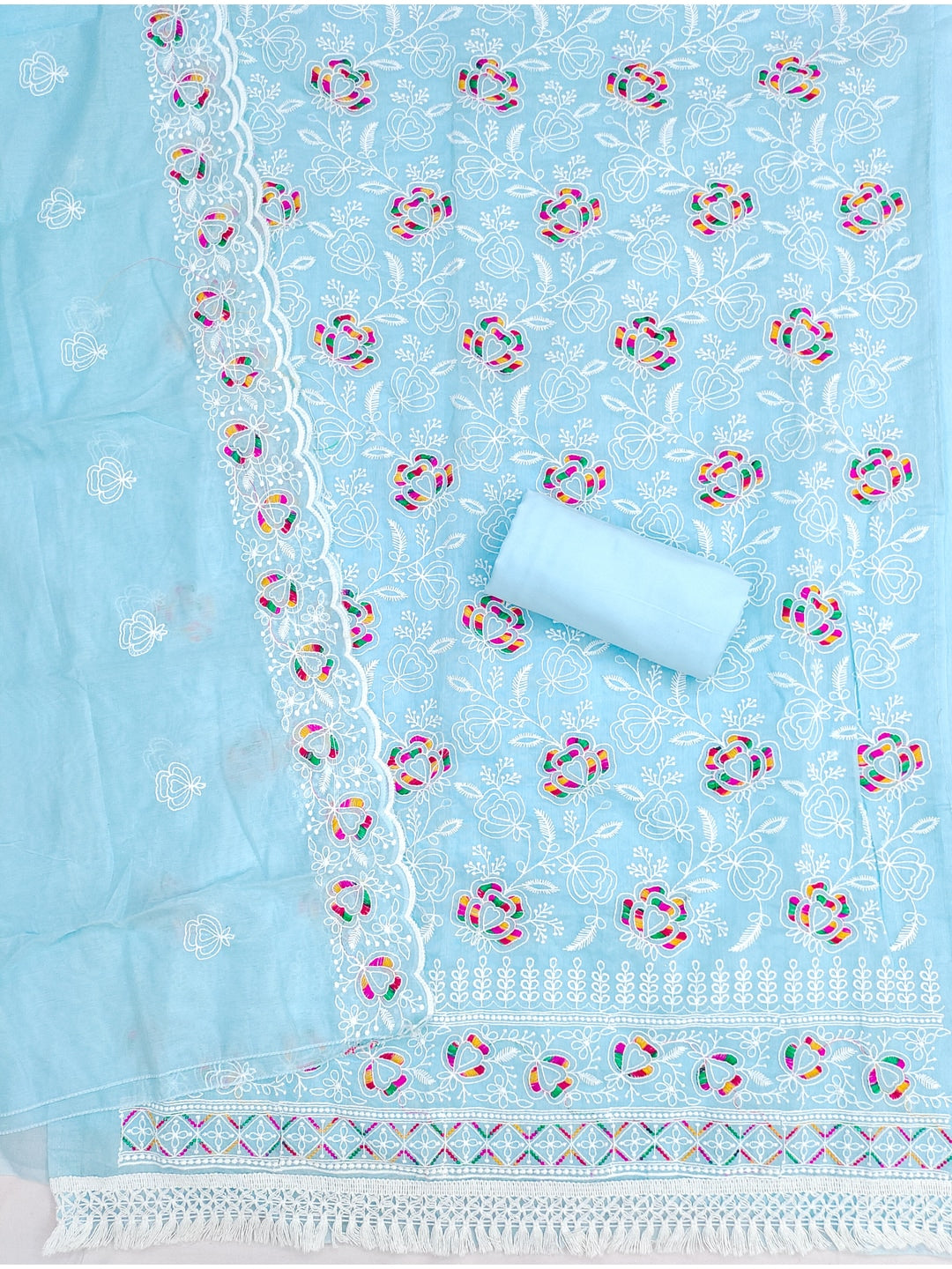 Peachmode Sky Blue Chanderi Thread Work Dress Material - Image 4