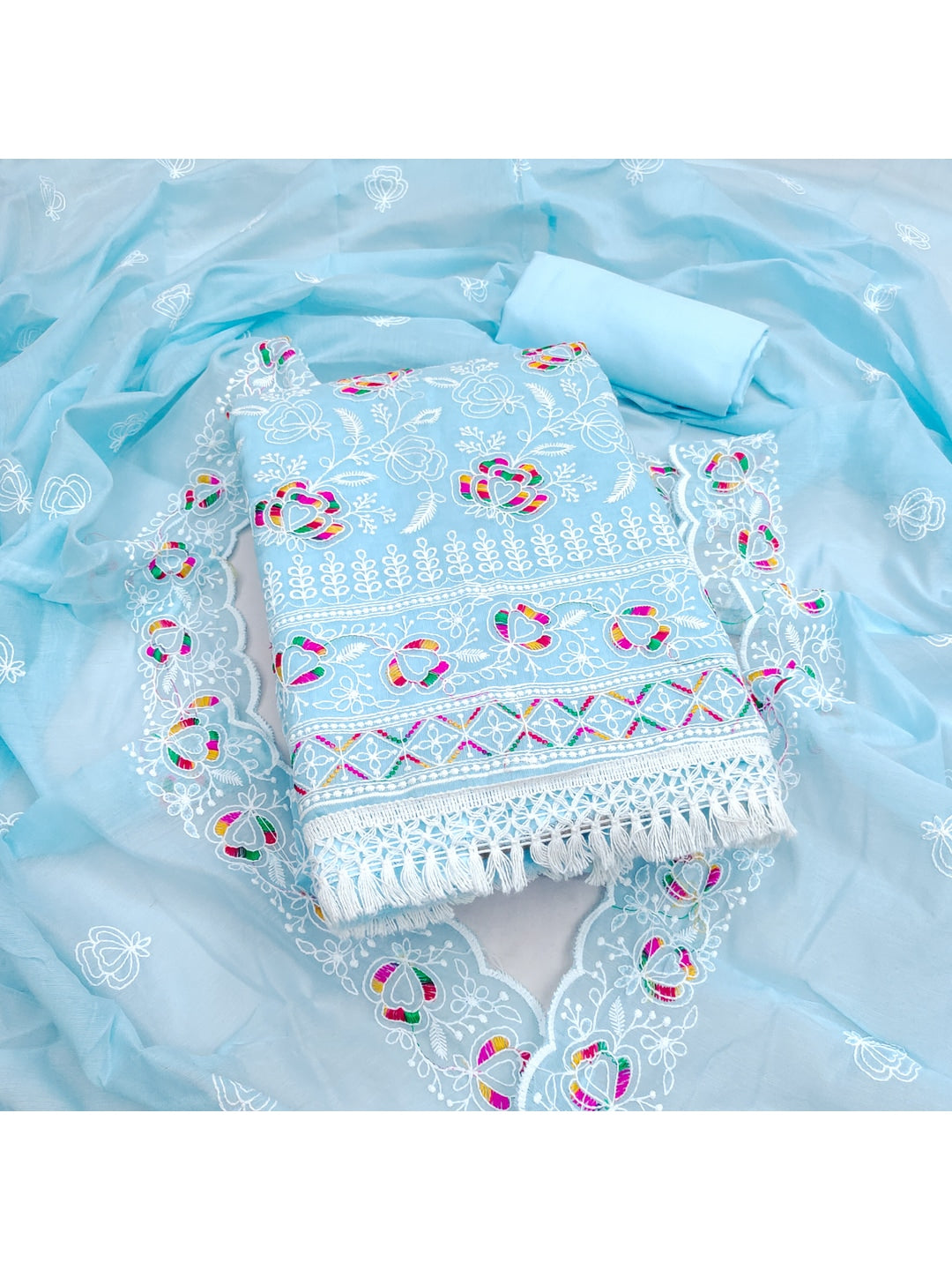 Peachmode Sky Blue Chanderi Thread Work Dress Material - Image 1