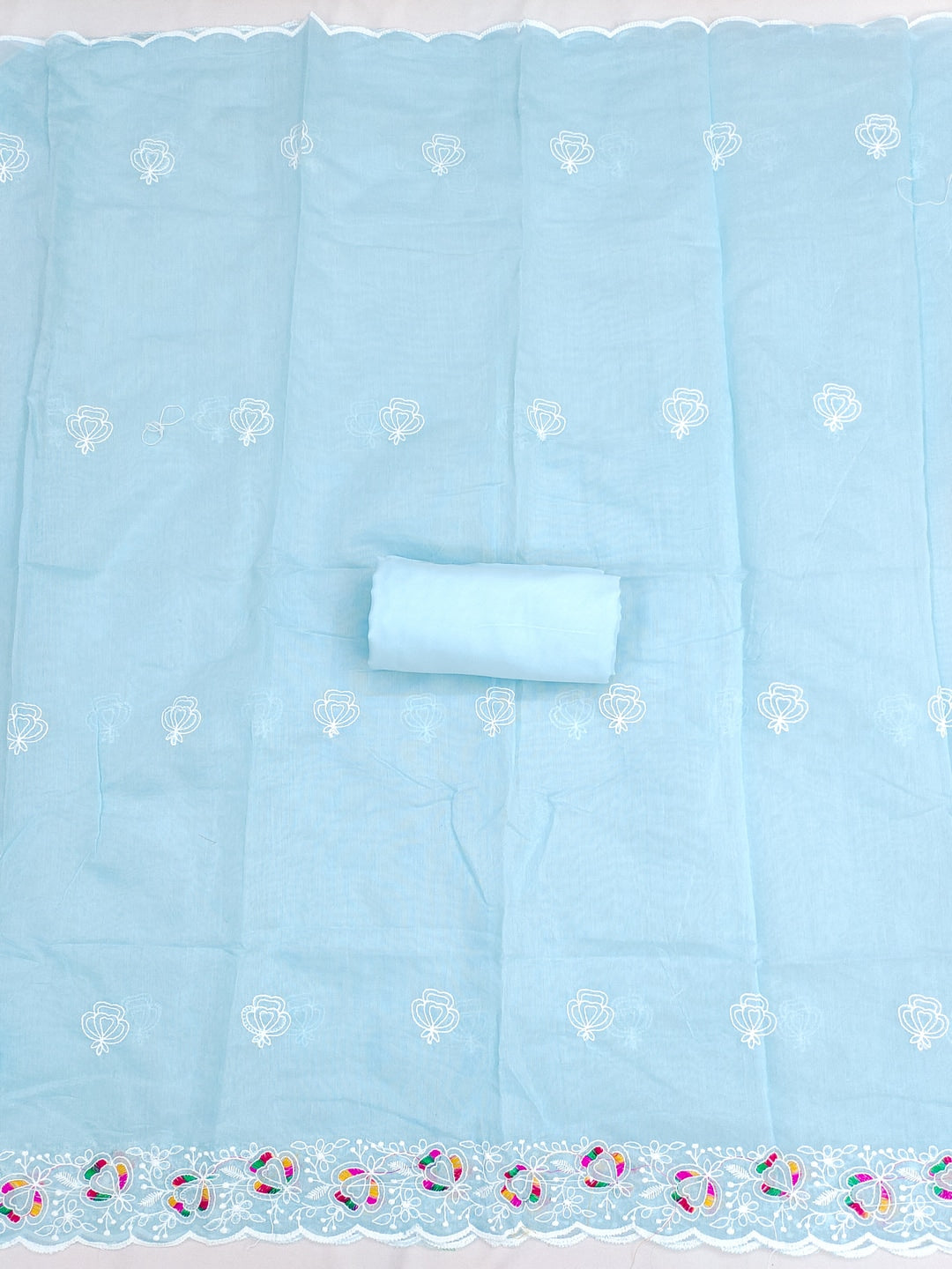 Peachmode Sky Blue Chanderi Thread Work Dress Material - Image 5