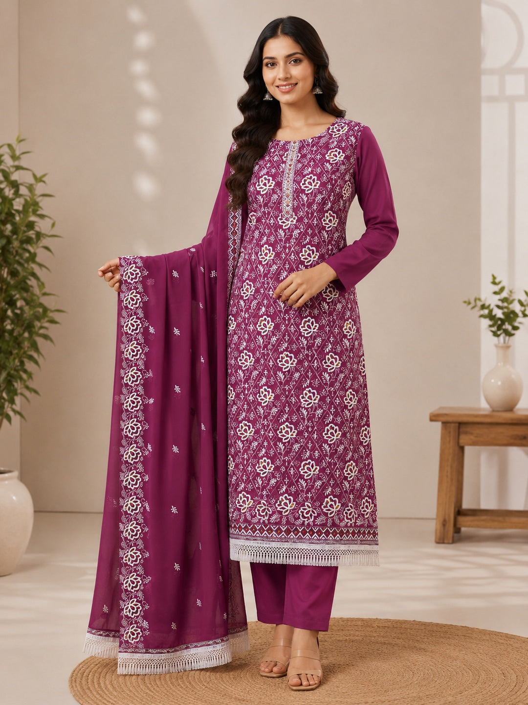 Peachmode Mauve Floral Thread Work Georgette Dress Material - Image 2