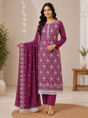 Peachmode Mauve Floral Thread Work Georgette Dress Material - Image 1