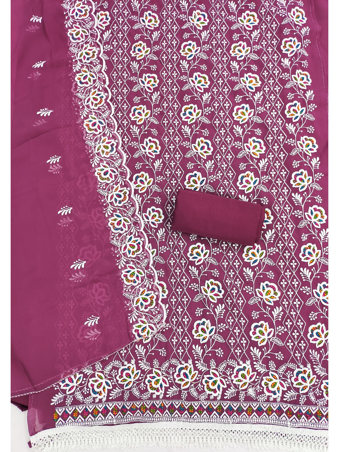Peachmode Mauve Floral Thread Work Georgette Dress Material - Image 3
