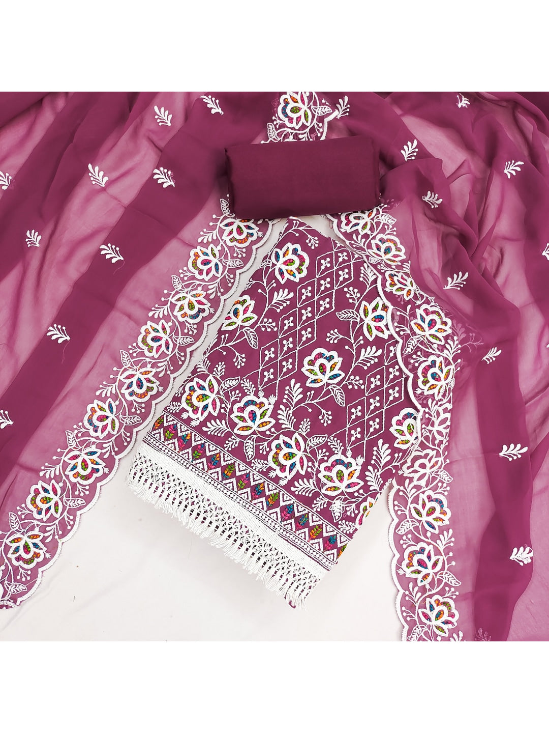 Peachmode Mauve Floral Thread Work Georgette Dress Material - Image 4