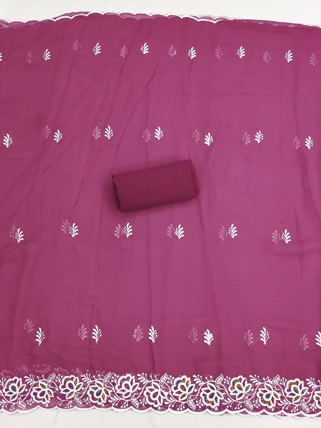 Peachmode Mauve Floral Thread Work Georgette Dress Material - Image 5