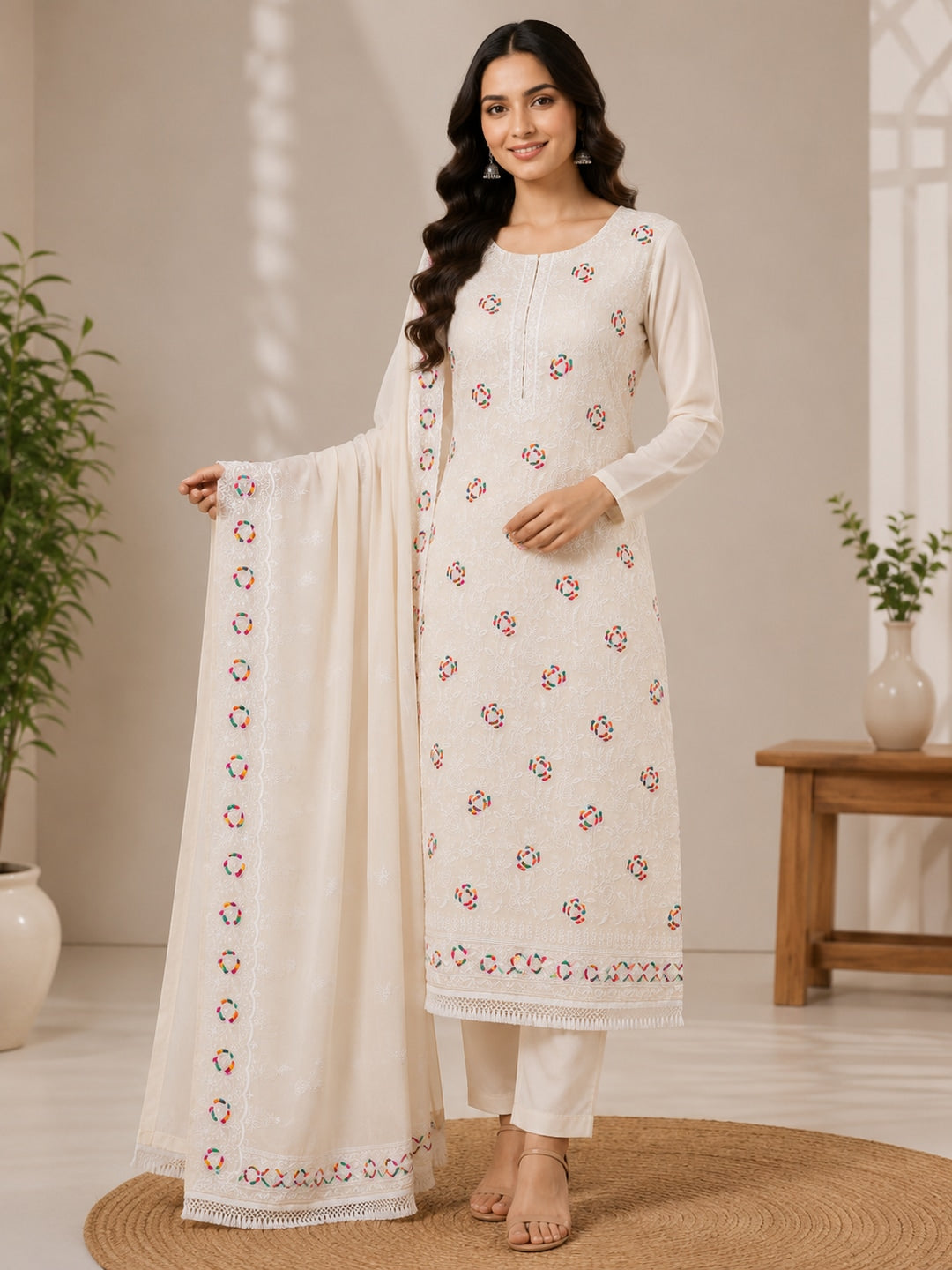 Peachmode Cream Chanderi Thread Work Dress Material - Image 2