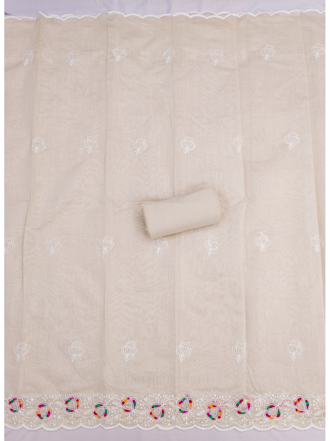 Peachmode Cream Chanderi Thread Work Dress Material - Image 3