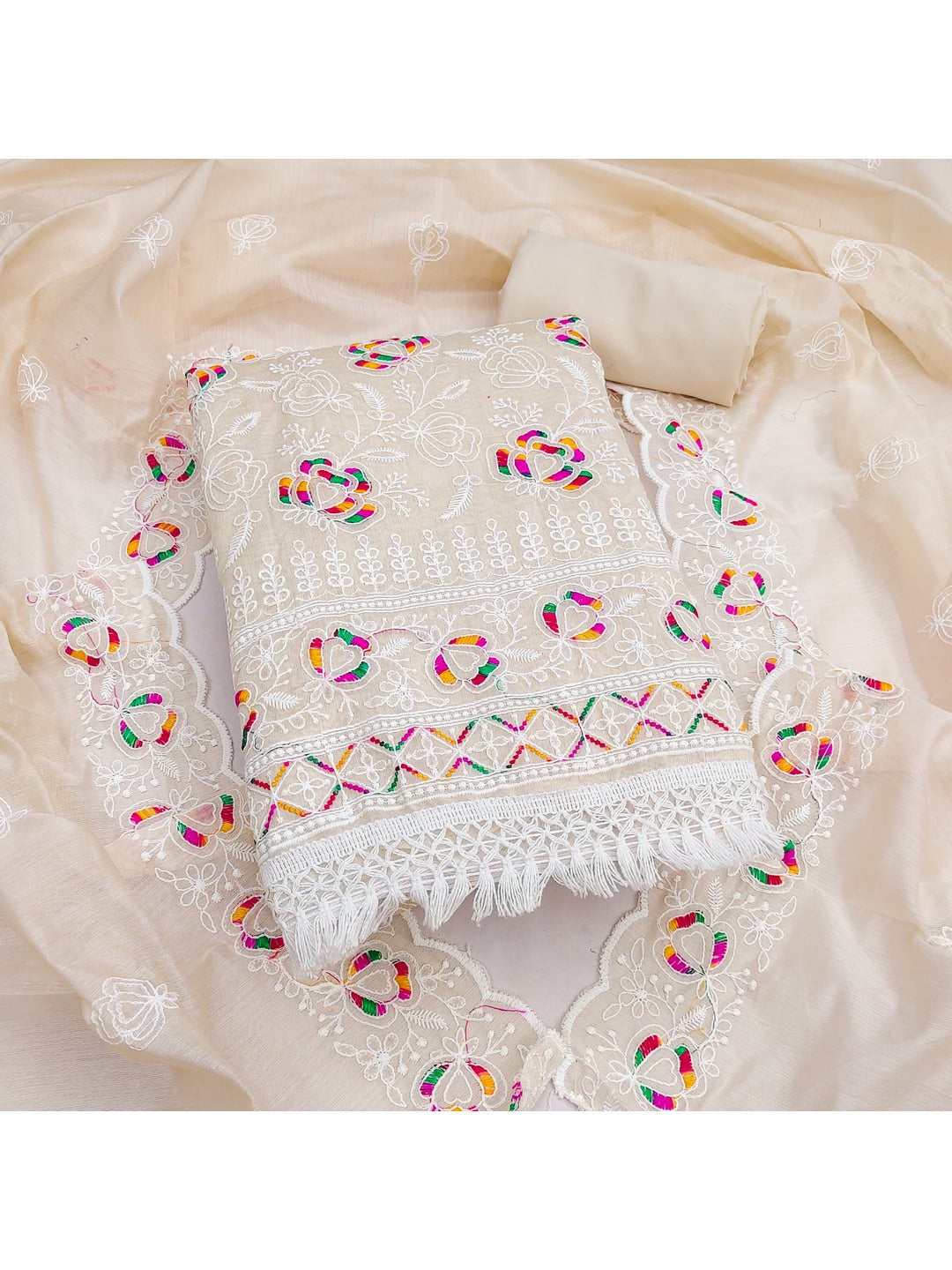 Peachmode Cream Chanderi Thread Work Dress Material - Image 1