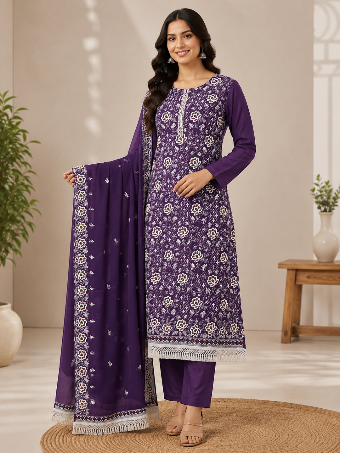 Peachmode Purple Floral Thread Work Georgette Dress Material - Image 2