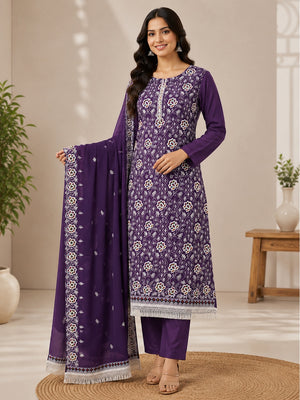 Peachmode Purple Floral Thread Work Georgette Dress Material - Image 1