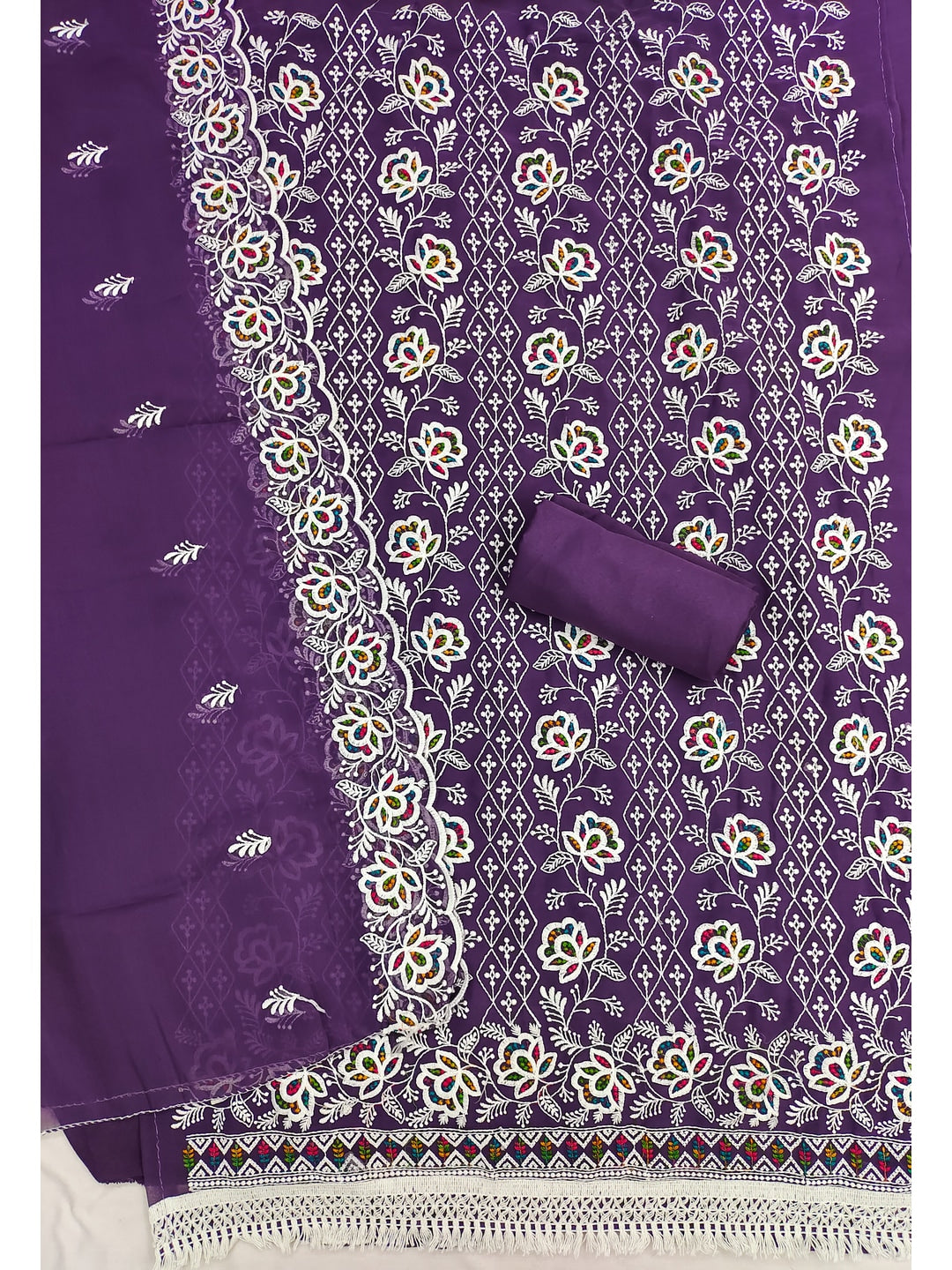 Peachmode Purple Floral Thread Work Georgette Dress Material - Image 3
