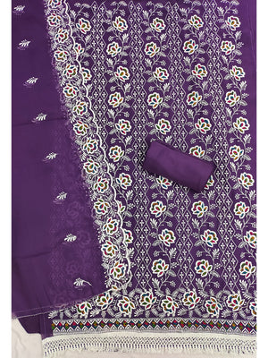Peachmode Purple Floral Thread Work Georgette Dress Material - Image 2