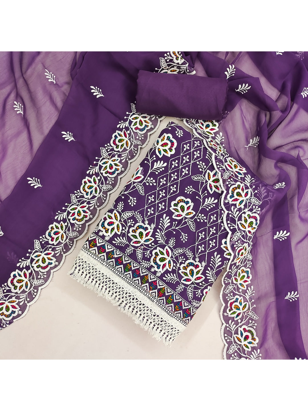 Peachmode Purple Floral Thread Work Georgette Dress Material - Image 4
