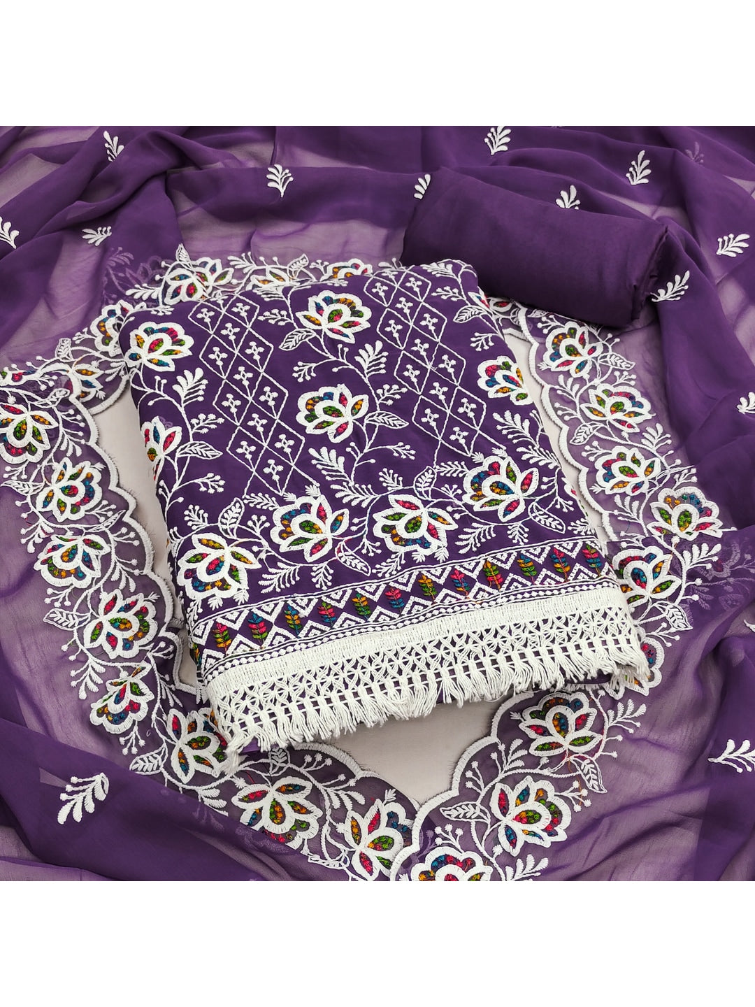 Peachmode Purple Floral Thread Work Georgette Dress Material - Image 1