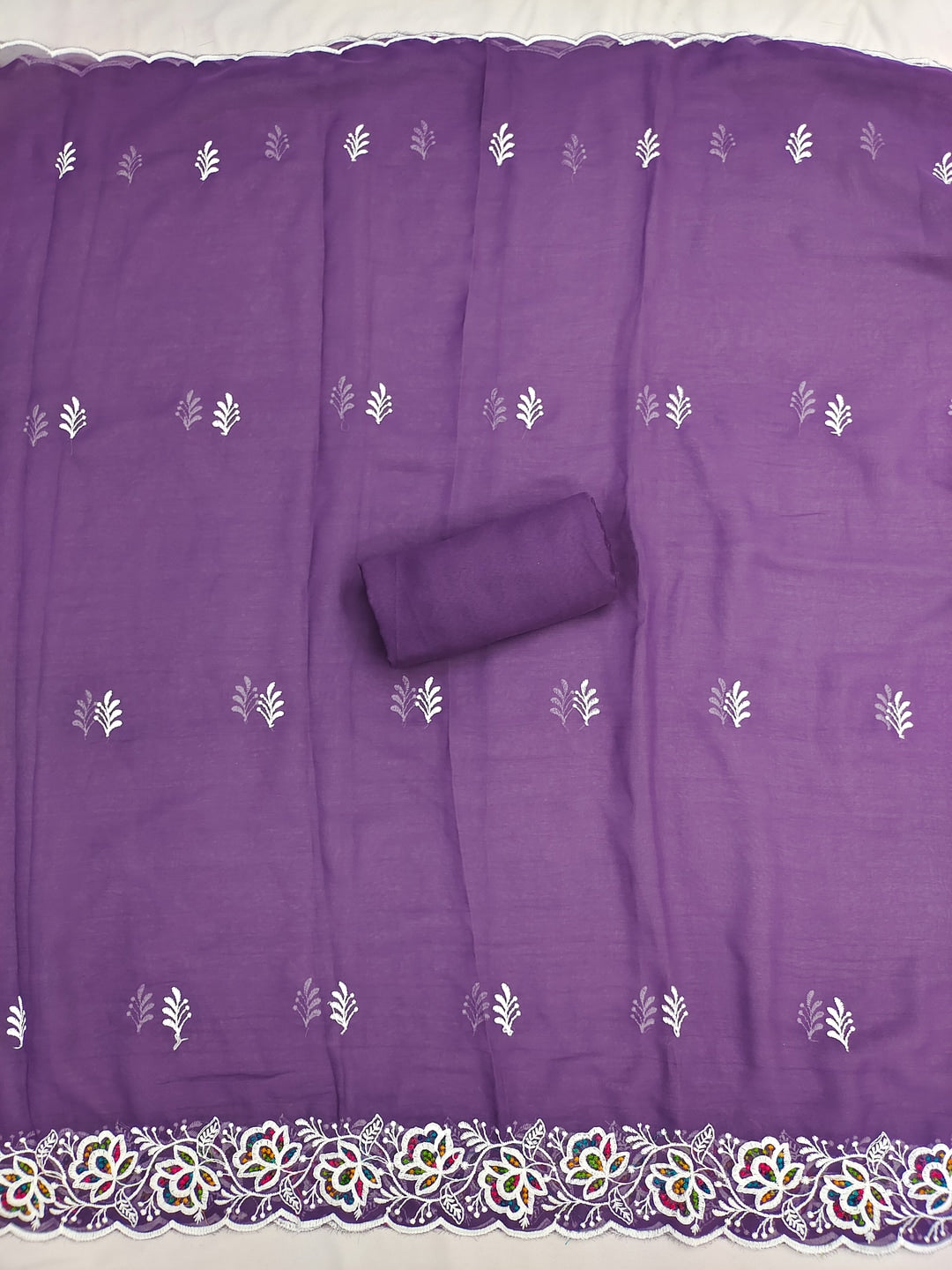 Peachmode Purple Floral Thread Work Georgette Dress Material - Image 5