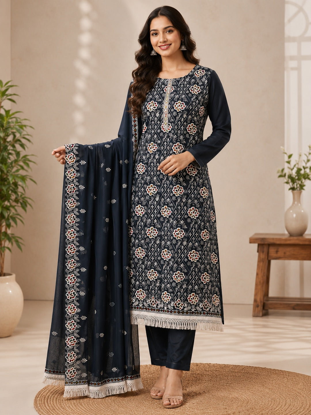 Peachmode Navy Blue Floral Thread Work Georgette Dress Material - Image 2