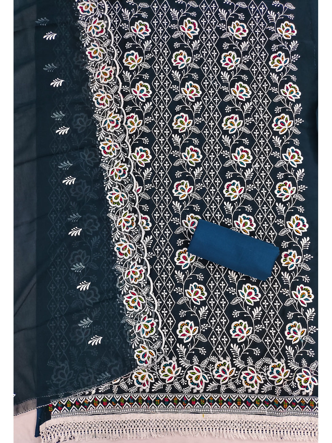 Peachmode Navy Blue Floral Thread Work Georgette Dress Material - Image 3